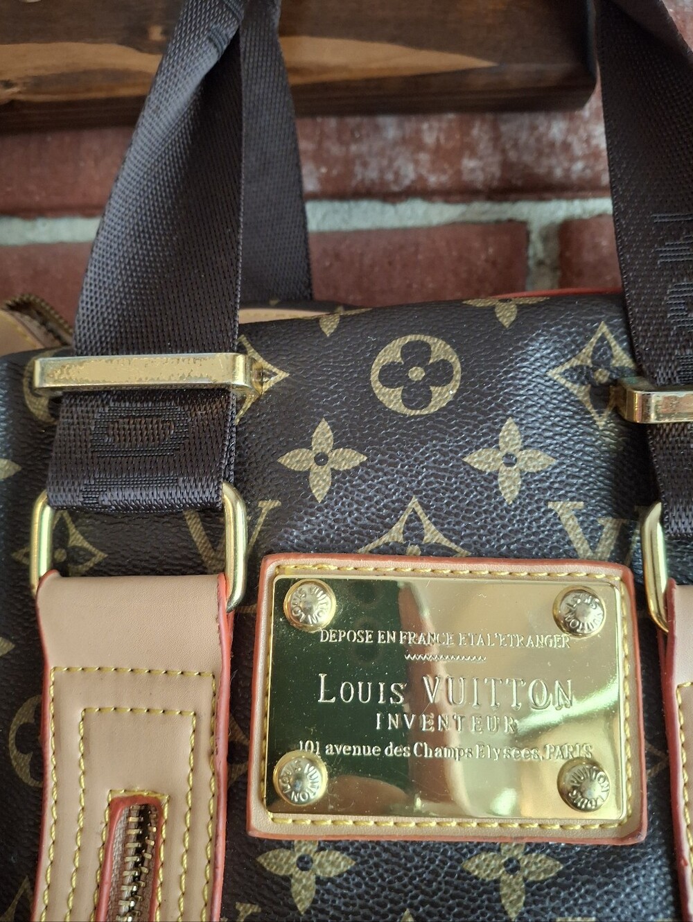 Designer Inspired Monogram Tote with Gold Plate and Tan Trim - Picture 2 of 8